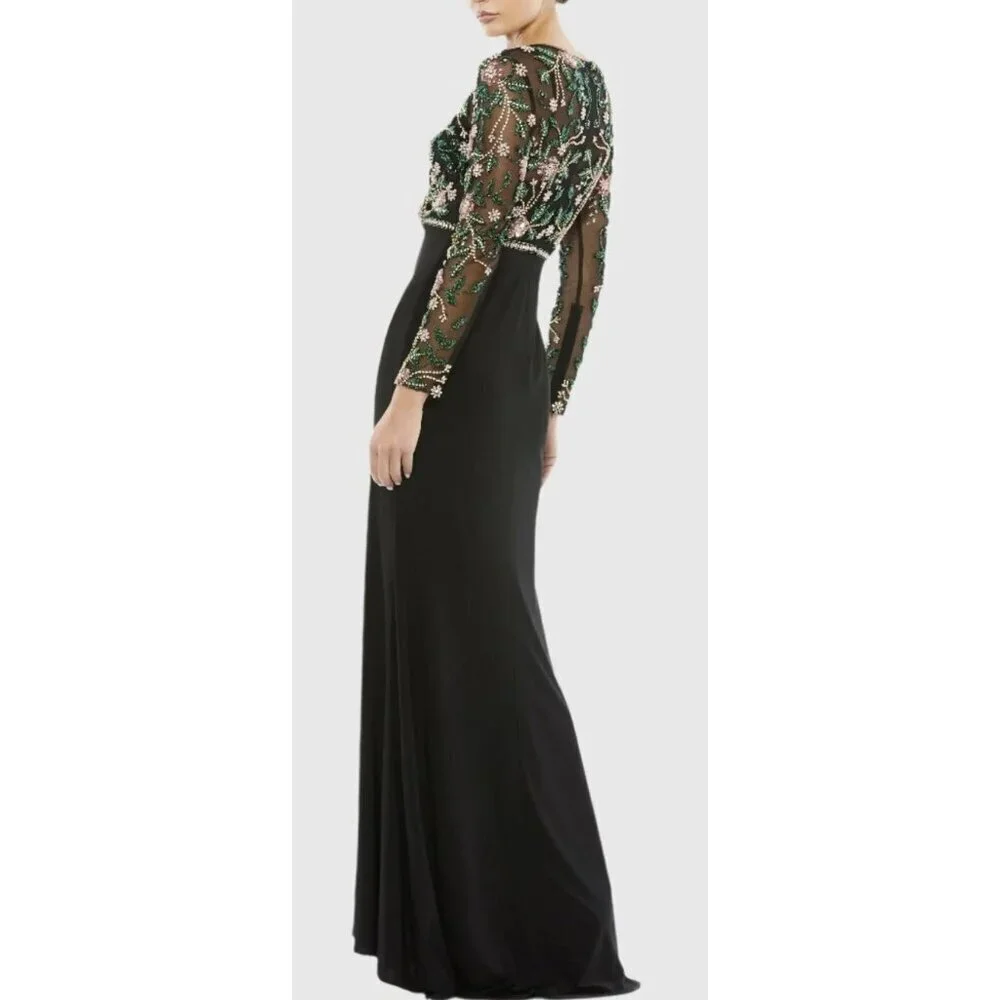 Mac Duggal Black Beaded Illusion Jersey Formal Gown Maxi Dress Sz 4 NWT